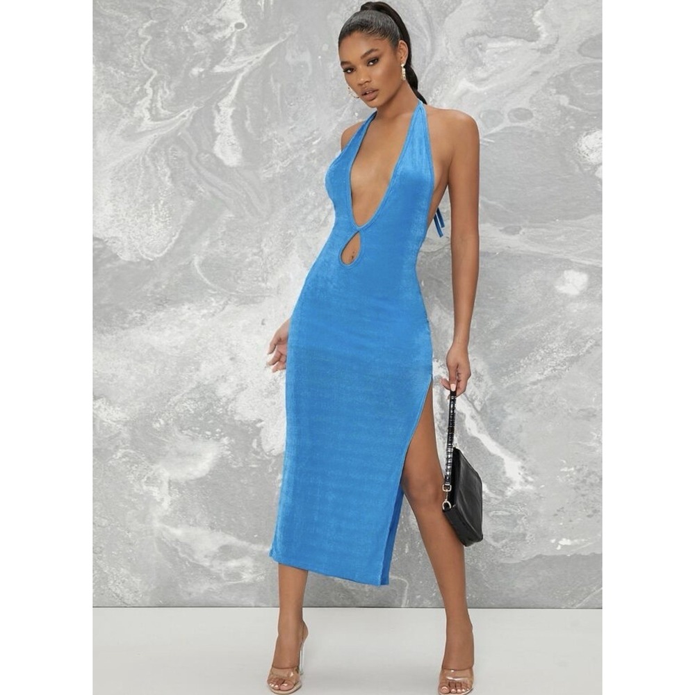 SHEIN BAE Sexy Plunging Halter Cutout Slit Midi Bodycon Dress Sz S